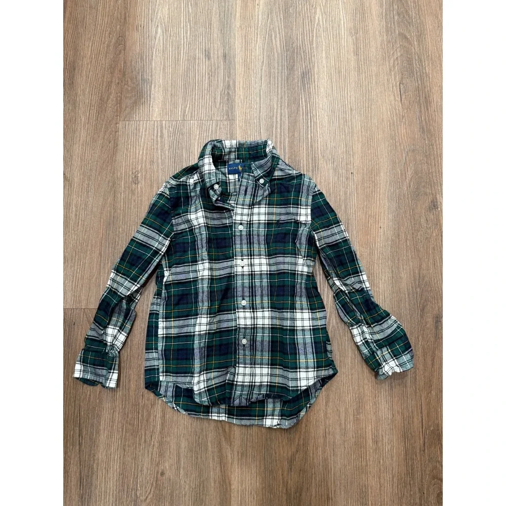 Ralph Lauren Kids Green‎ White Plaid Flannel Button Down Shirt Size 5 Pony Logo